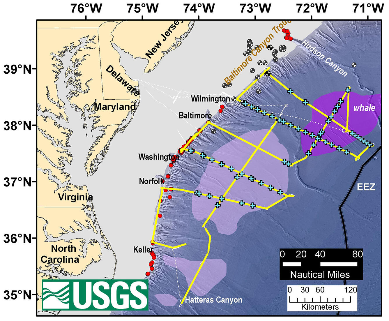 Map illustration showing a coastal area and the offshore shelf, with locations labeled and dots and lines to show data collected