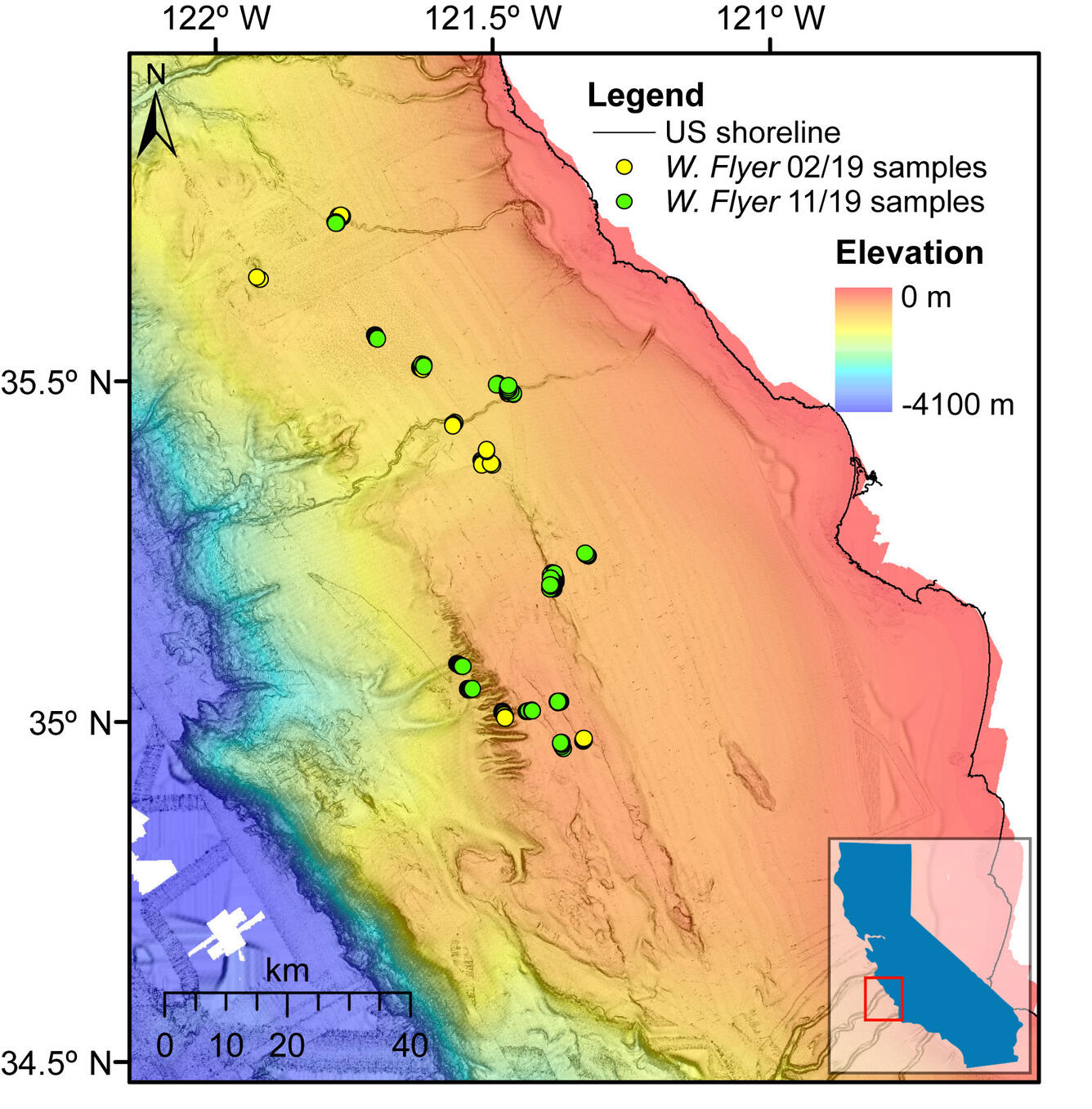 Illustration shows the features of the seafloor and dots placed in locations where samples were collected.