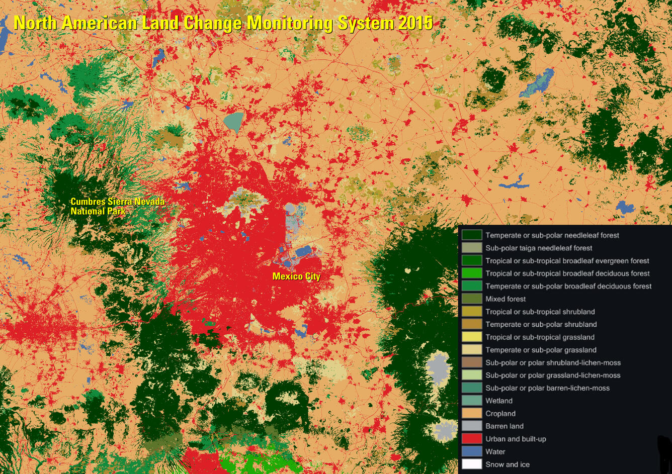 Mexico City map, color, from North American Land Change Monitoring System 2015, with legend