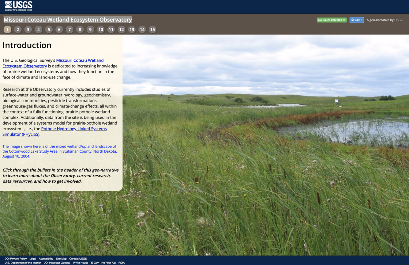 Screen shot depicting Missouri Coteau Wetland Ecosystem Observatory introductory page