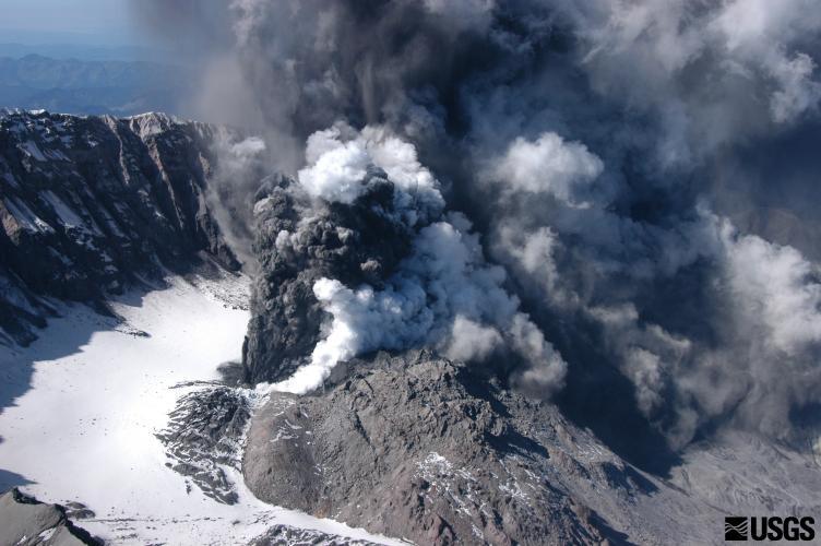 Tephra and gas eruption from Mount St. Helens crater with dome