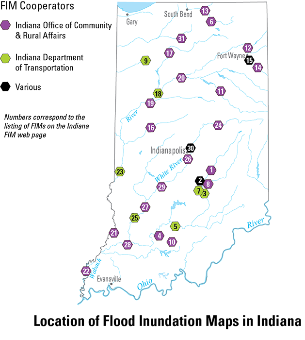 Map of the location of stream gages used for flood inundation map libraries in Indiana