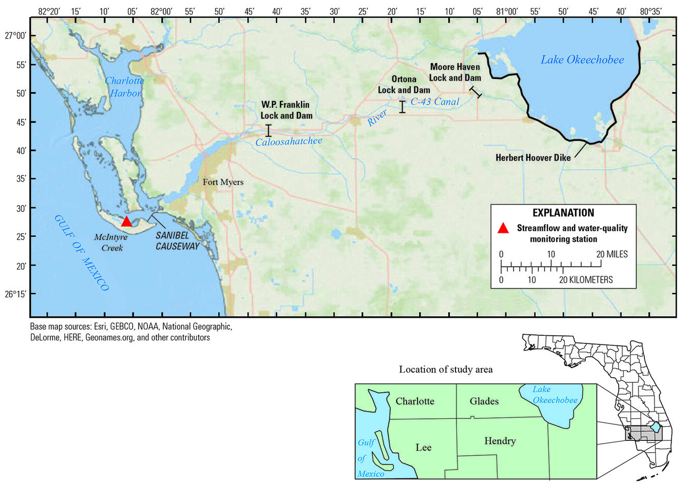 Lake Okeechobee and Moore Haven, Ortona, and W.P. Franklin Lock and Dam.