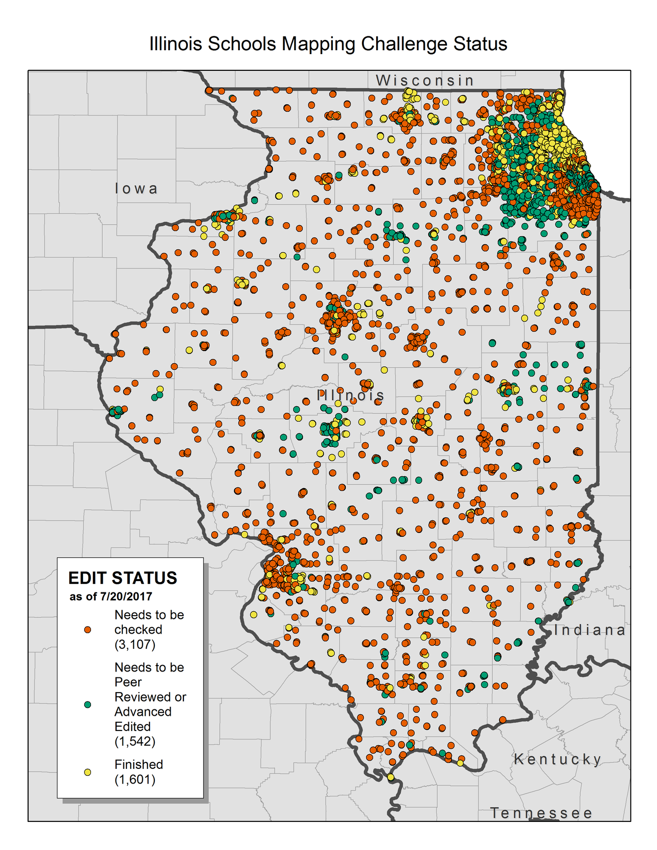 Status graphic displaying the current number and location of Illinois education support structures that need to be checked, are 