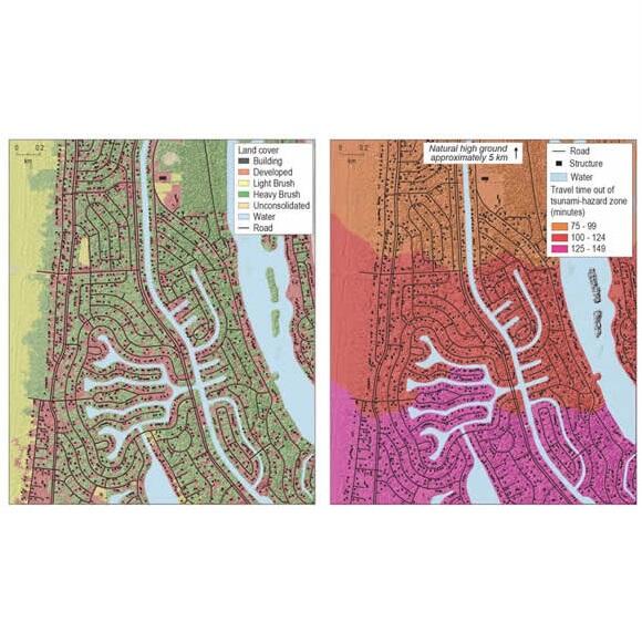 Landcover map (left) and pedestrian evacuation time estimate map (right) Ocean Shores, WA.