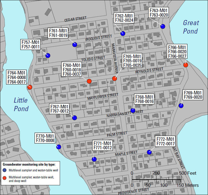 Map showing USGS Groundwater monitoring sites located in the Maravista neighborhood, Falmouth, Massachusetts