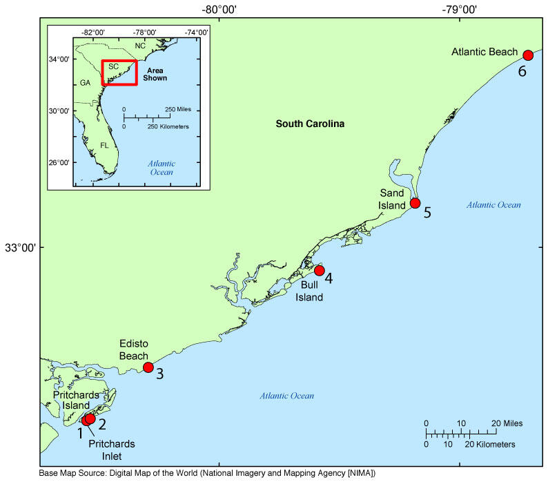 Locations of observed coastal change in South Carolina caused by Hurricane Matthew.