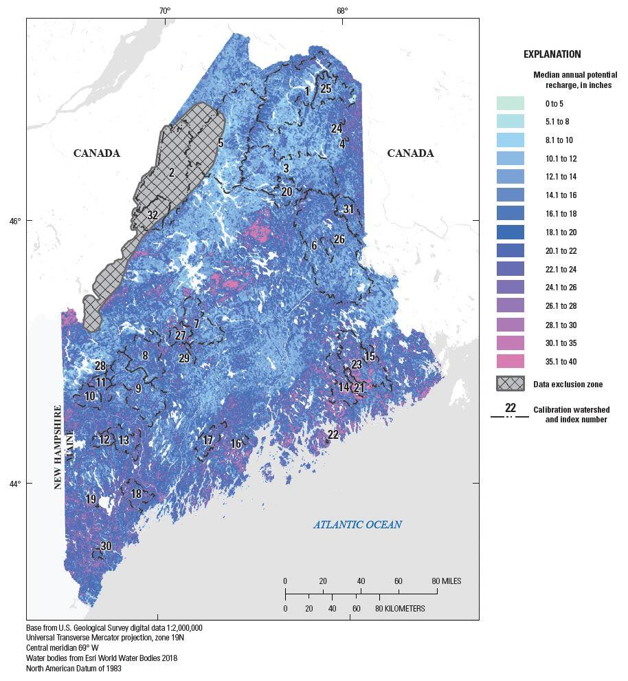 1991 to 2015 median annual potential recharge to groundwater for Maine