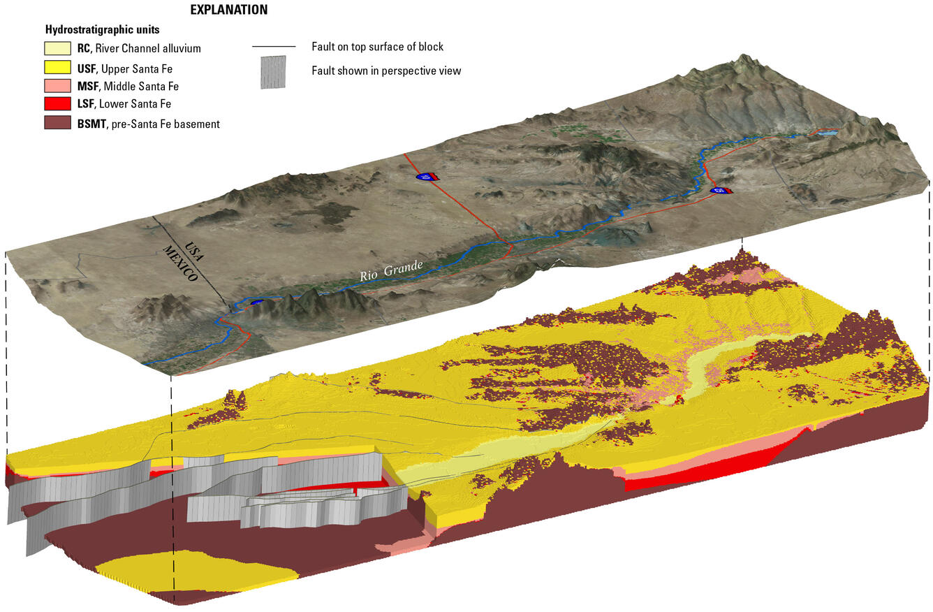 3D hydrogeologic framework model of the Rio Grande transboundary region of NM and TX along with draped satellite imagery