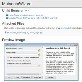 Screenshot of the Metadata Wizard ScienceBase page. Shows Child Items, Attached Files and Preview Image.