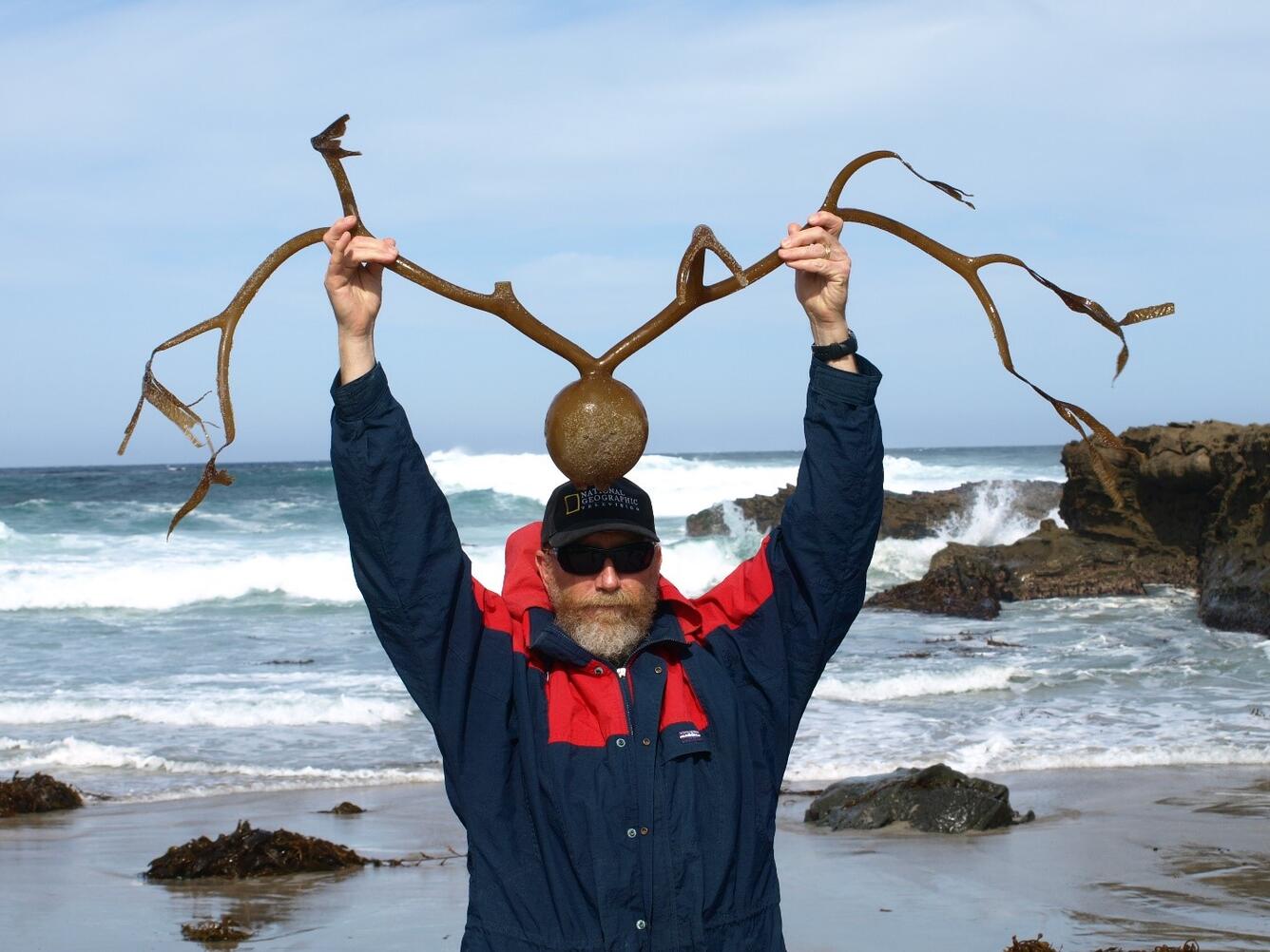 Man stands by the ocean holding kelp up like antlers