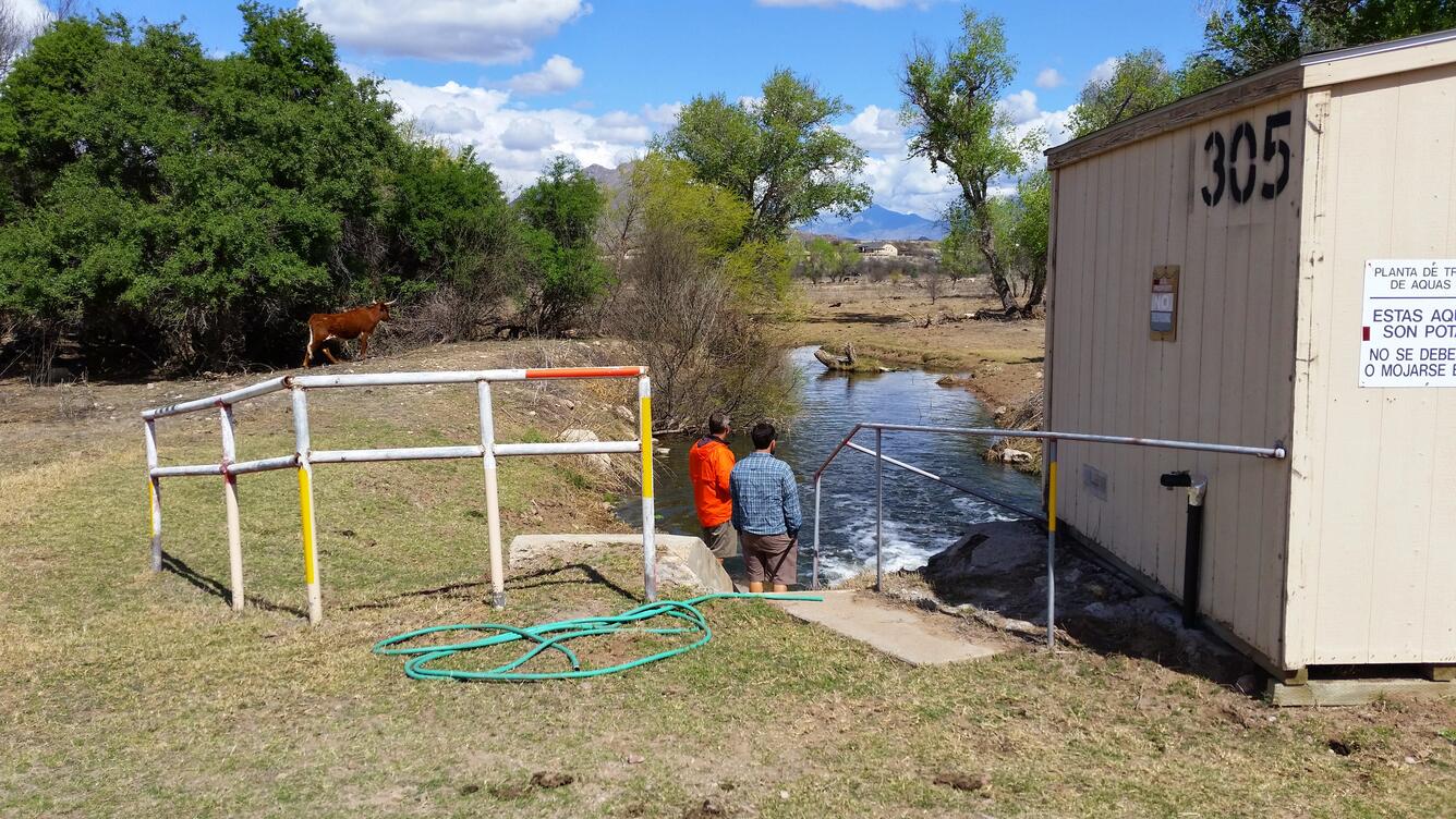 USGS Hydrologists survey the landscape at the outfall from the Nogales International Wastewater Treatment Plant.