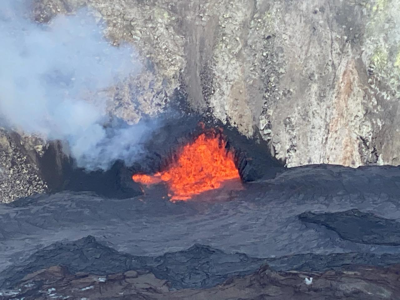 The main northern fissure erupting within Halema‘uma‘u is slowly being drowned by the rising lava lake. 