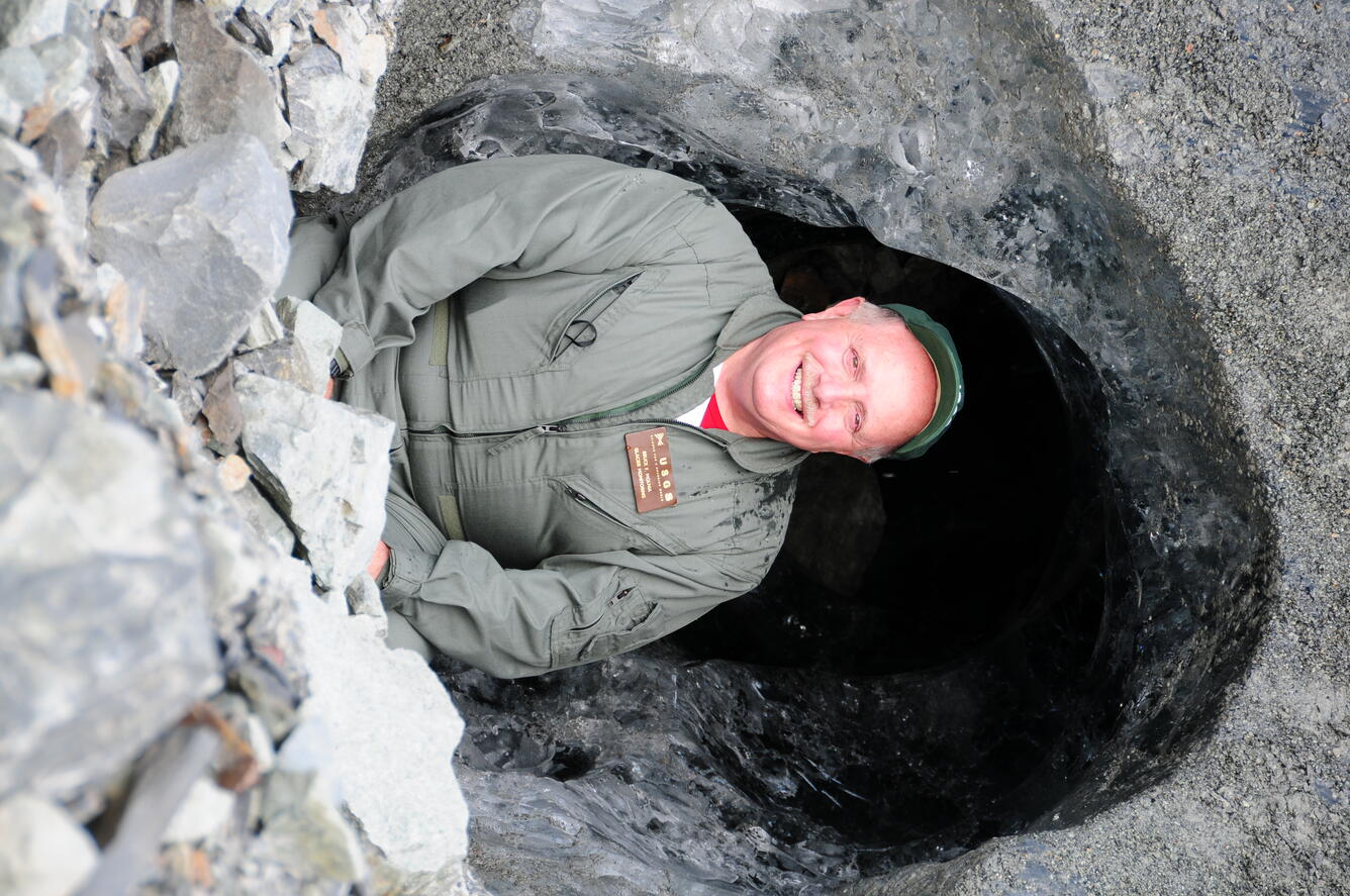 Scientist Emeritus Bruce Molnia studying a newly developing surge of Bering Glacier