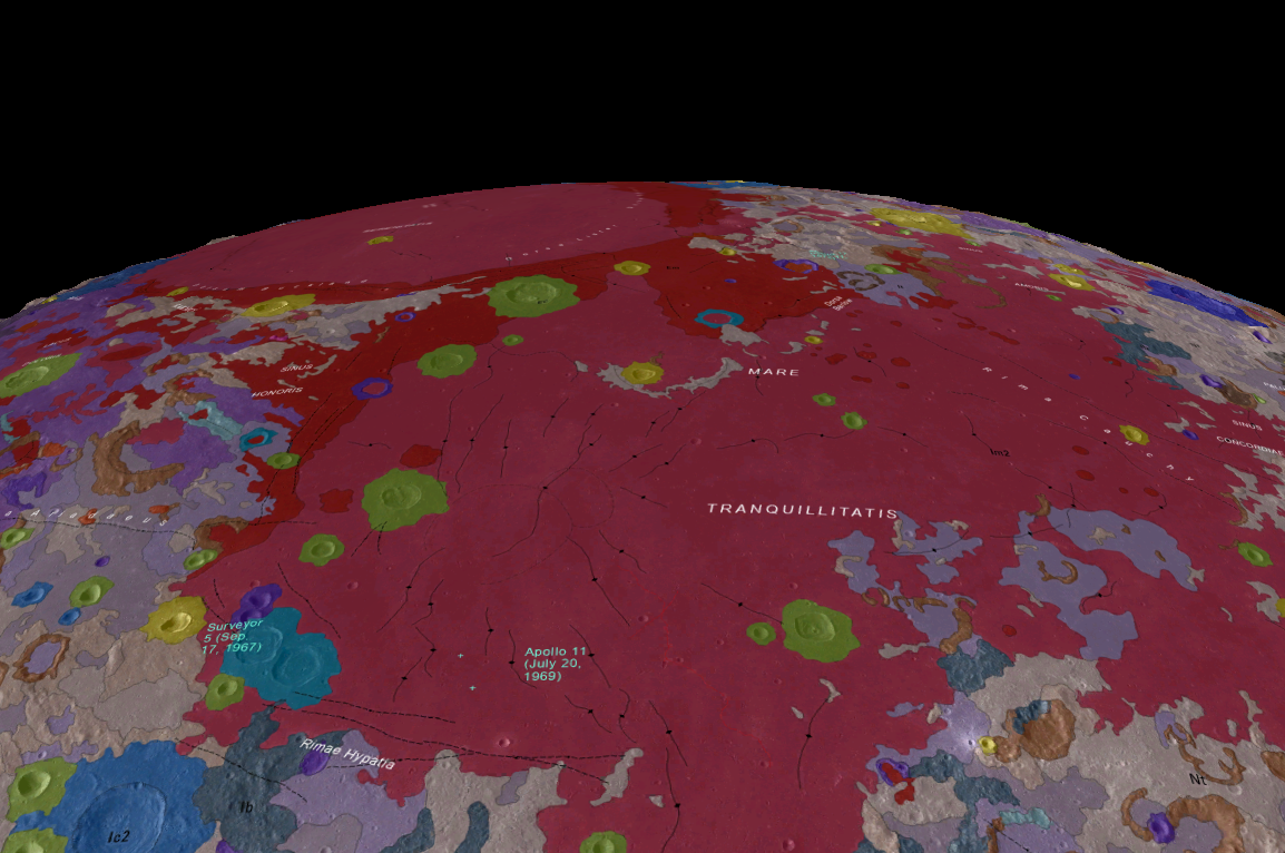 Perspective view of the Unified Geologic Map of the Moon in the area of the Apollo 11 landing site.