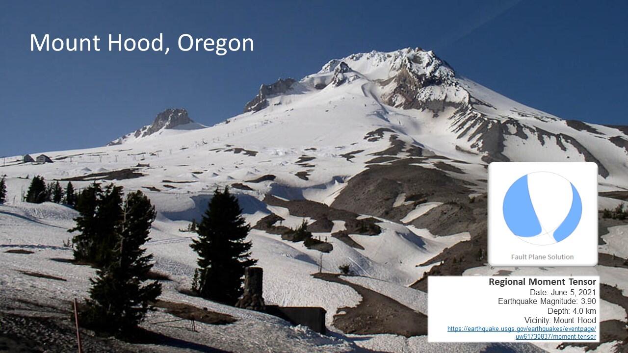 Mount Hood (photo) and fault-plane solution for June 5, 2021 earthquake 