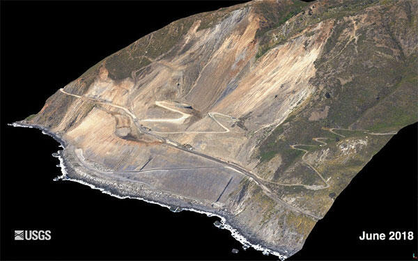 Animation is looking at an angle at a coastal cliff region with a newly cut road running across it, showing how it has changed.