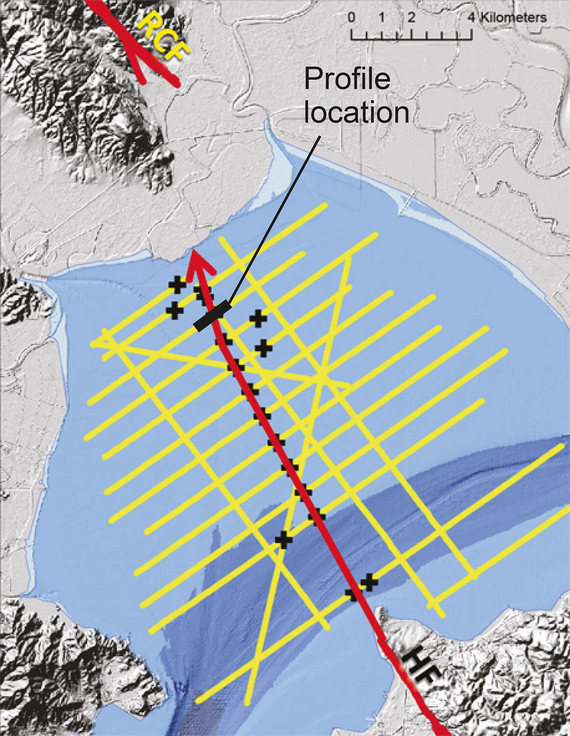 Map of San Pablo Bay study area; red line=fault; yellow lines=sites of vertical image collection