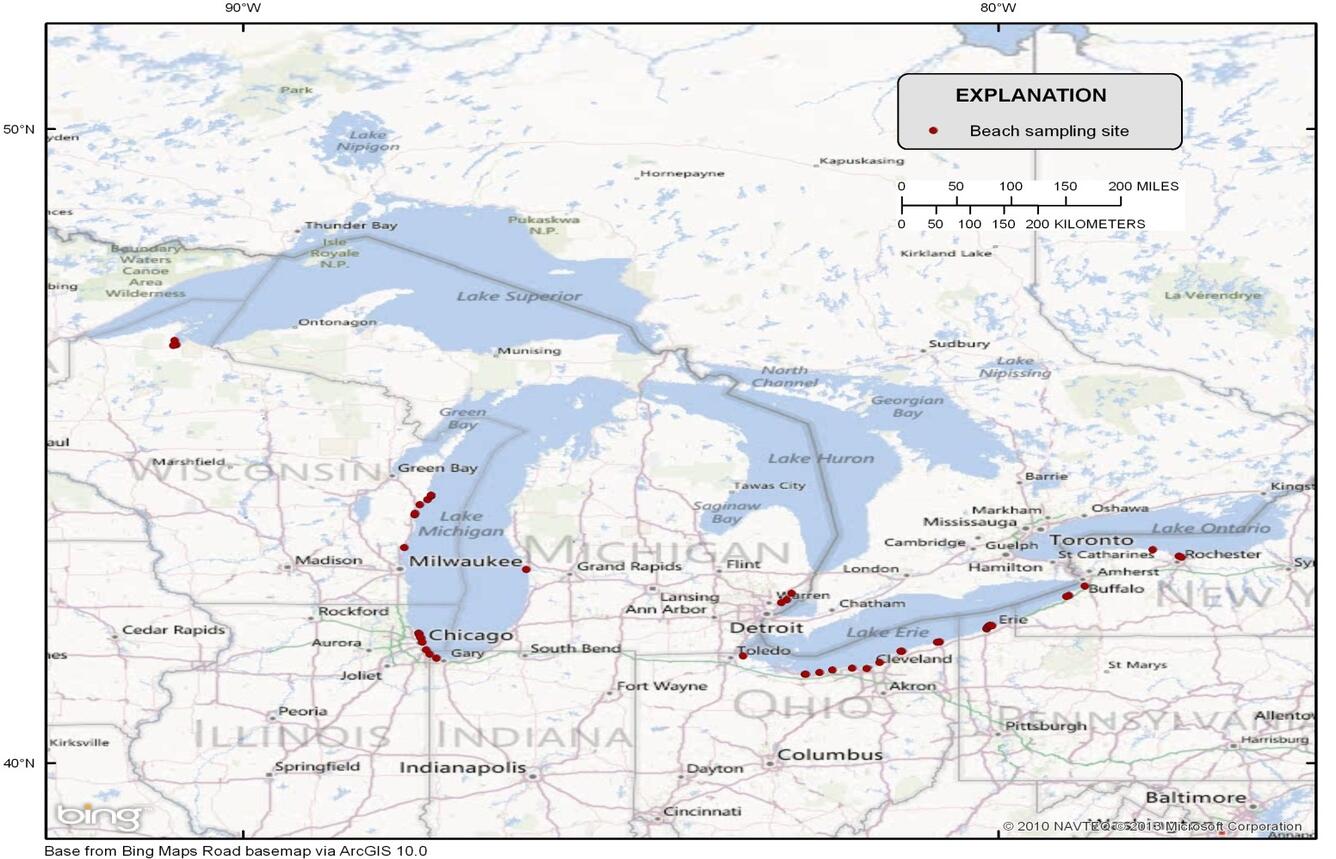 red dots on map of the Great Lakes