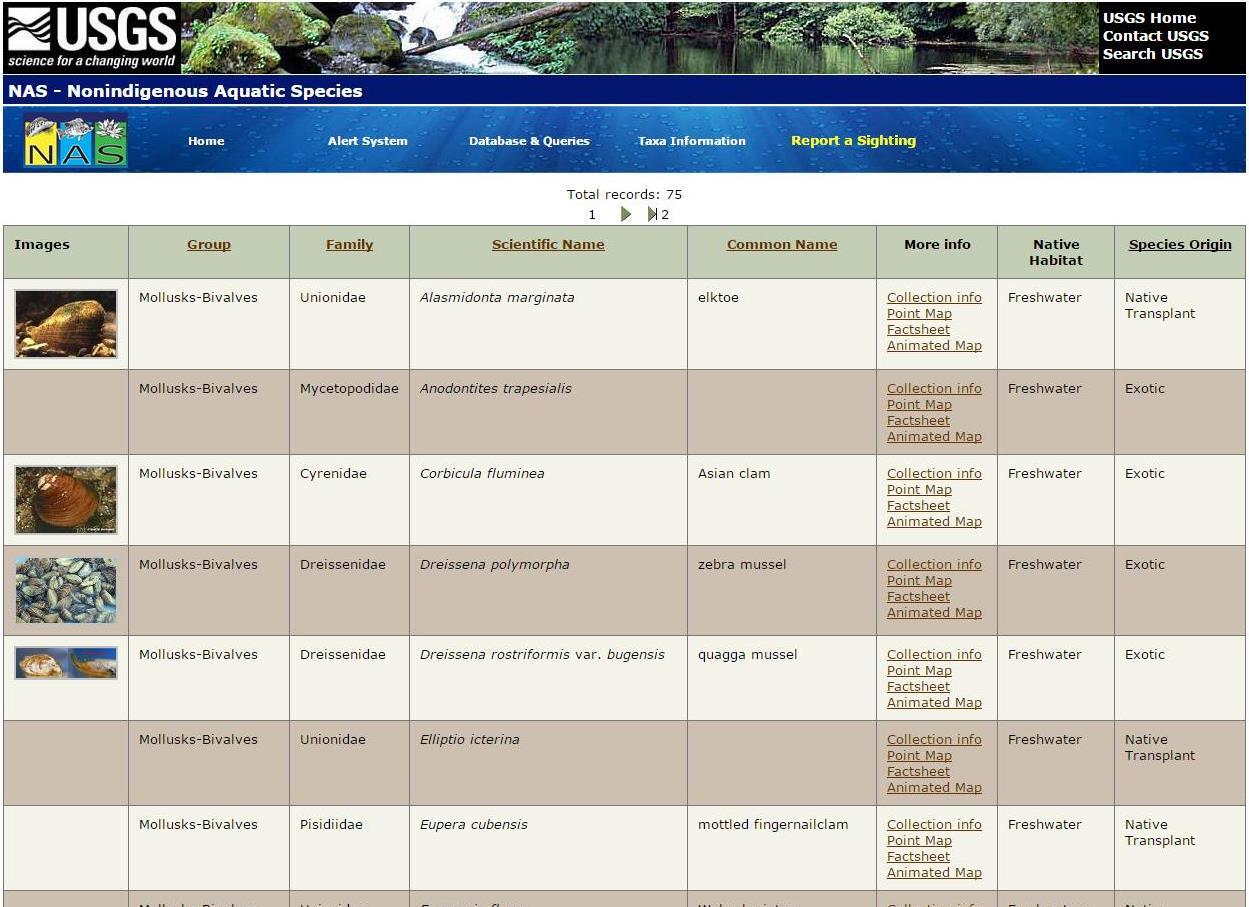 Example of NAS Database Query for Nonindigenous Aquatic Mollusks