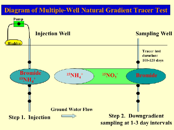 Multiple-well natural gradient tracer tests involve injecting a tracer in an upgradient well and then monitoring downgradient we