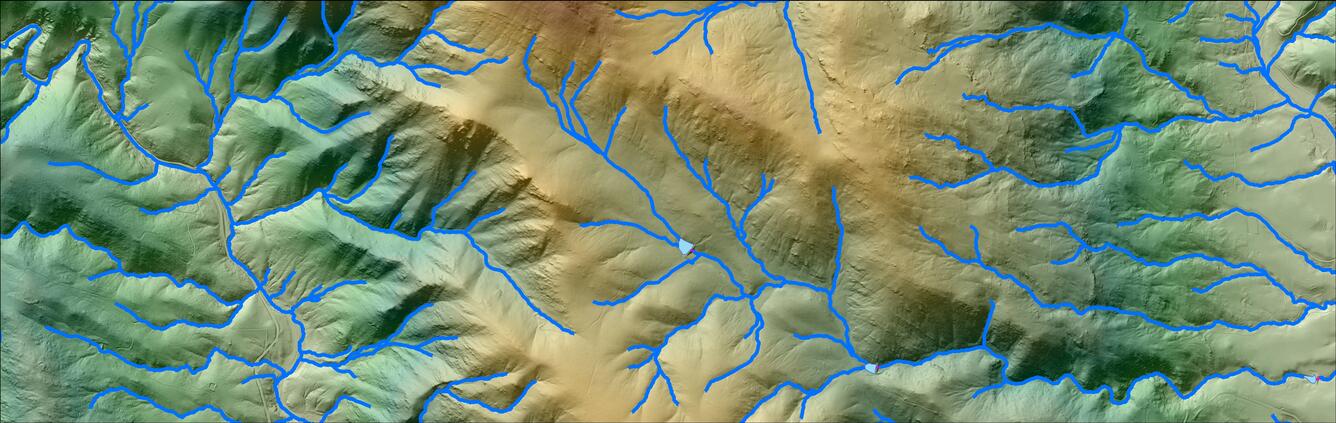 Elevation-derived hydrography drainage network in the mountainous region of the Big Thompson watershed of Colorado.