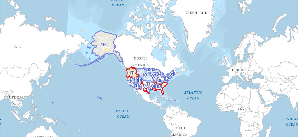 Screenshot of the National Hydrography Dataset Plus High Resolution (NHDPlus HR) Availability Map showing US regions