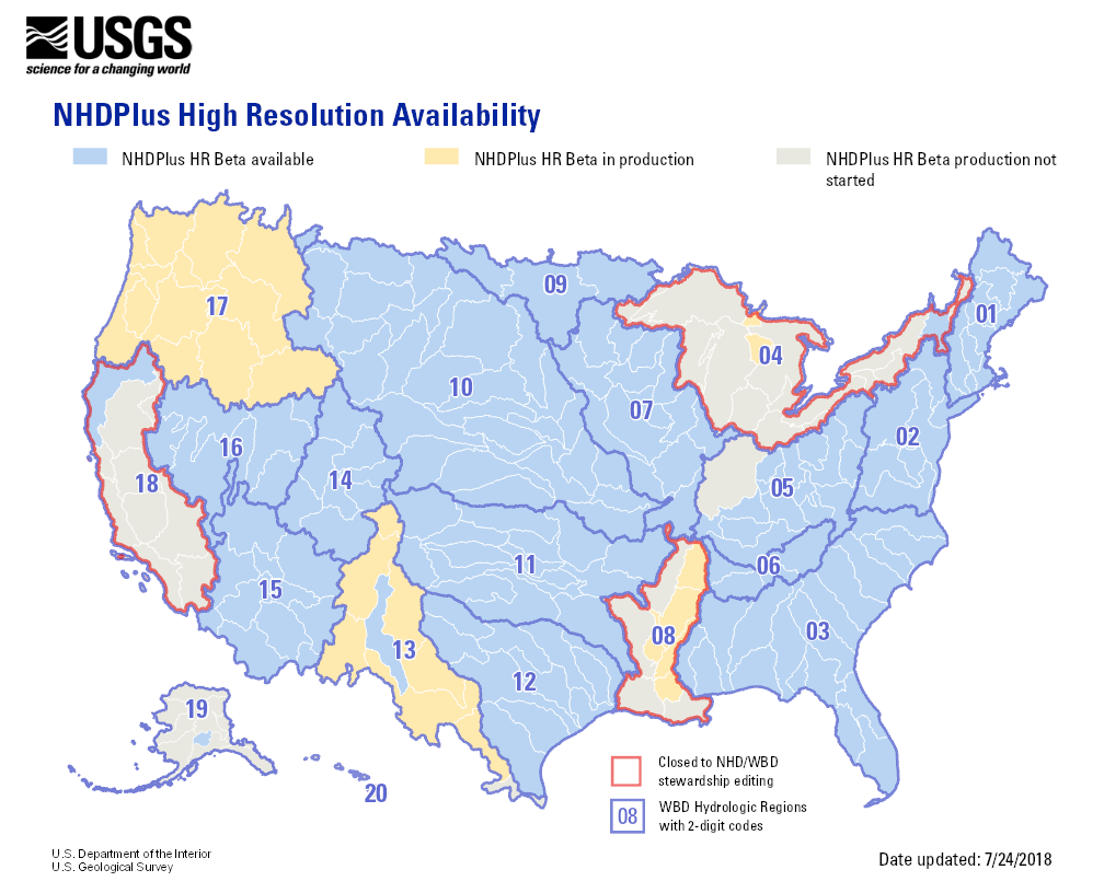 NHDPlus High Resolution Availability by region, dated 7/24/2018