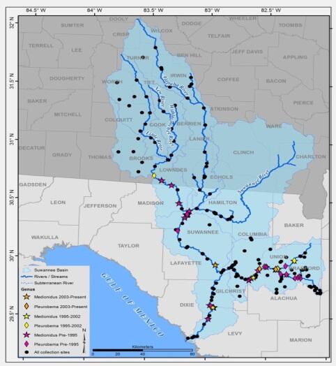 Map of habitat for Imperiled Freshwater Mussel Species in the Southeast US