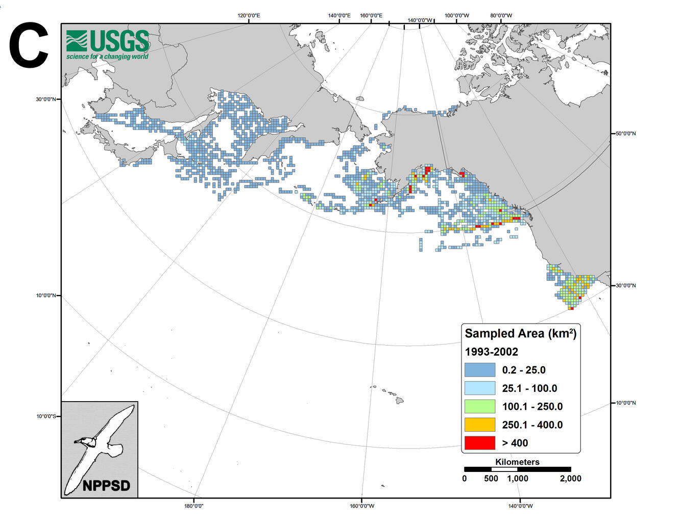 Maps showing sum of area sampled during time periods (C) 1993–2002. Cells are 50 × 50 km