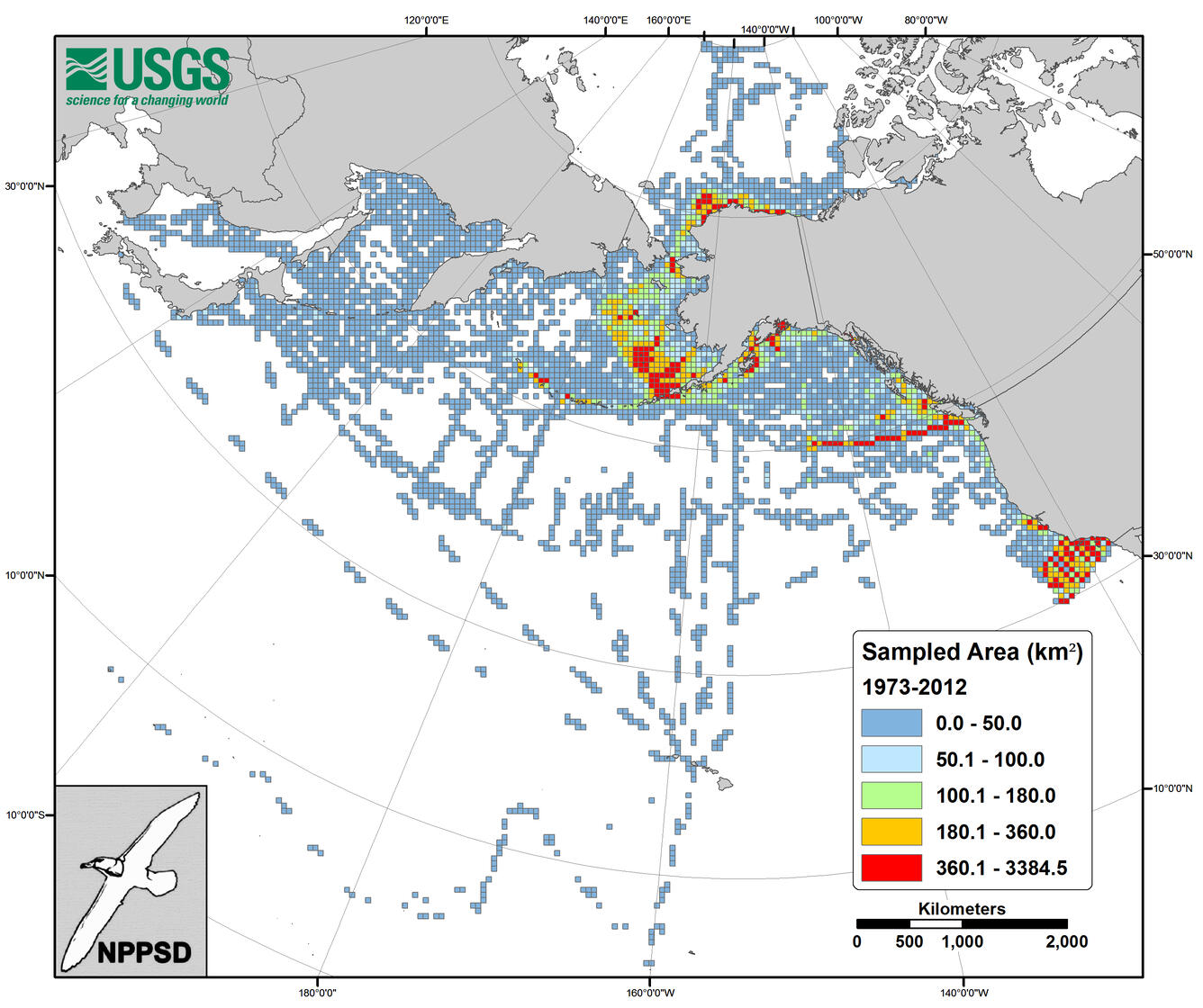 A map showing the total sampling effort for the North Pacific Pelagic Seabird Database.