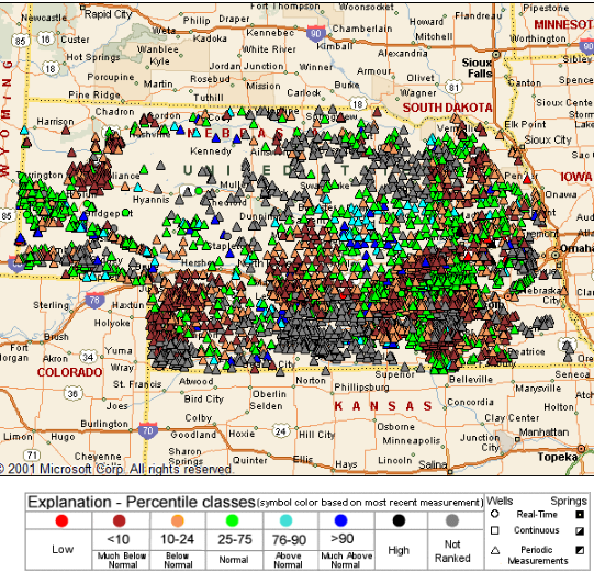 Screen shot of Nebraska Natural Resources District wells on Groundwater Watch