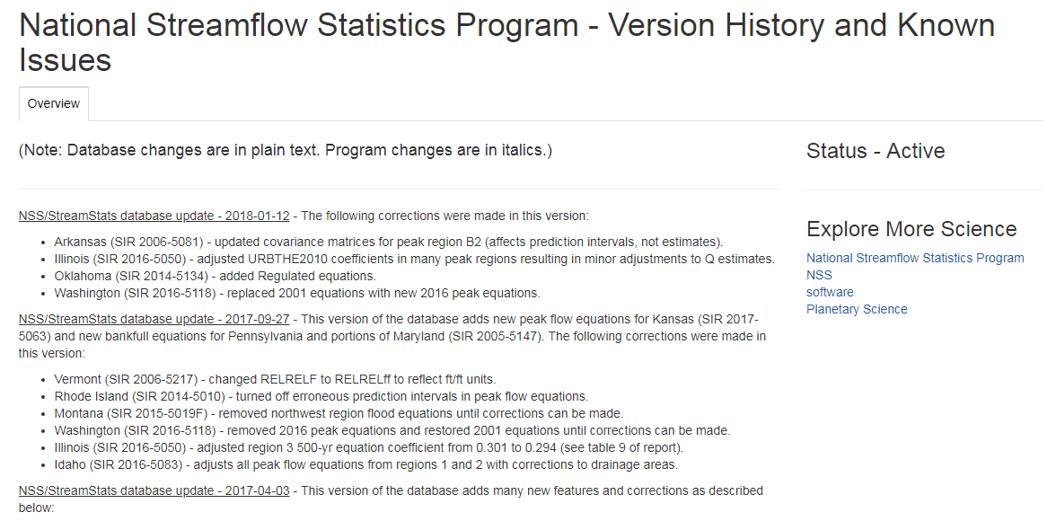 National Streamflow Statistics Program - Version History and Known Issues