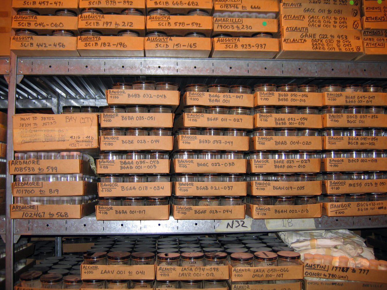 Stacks of organized boxes containing trays of archived samples splits in the National Geochemical Sample Archive, Denver, CO.