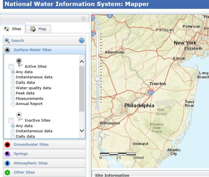 Image of the National Water Information System Mapper for New Jersey