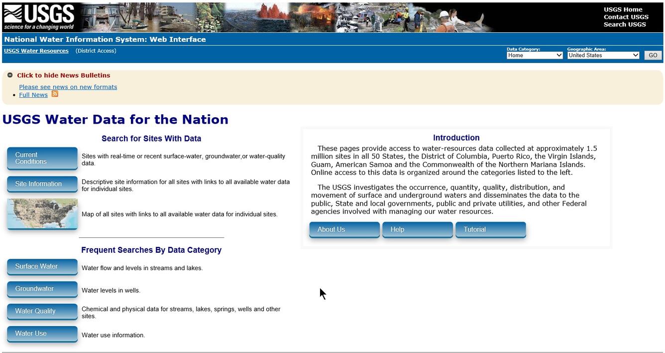 Image of front page of USGS Water Data for the Nation