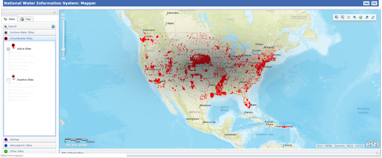 Map of active ground water sites in the Continental United States
