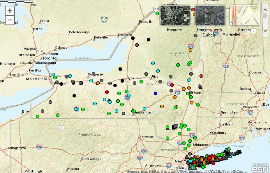 map of New York with multicolored icons