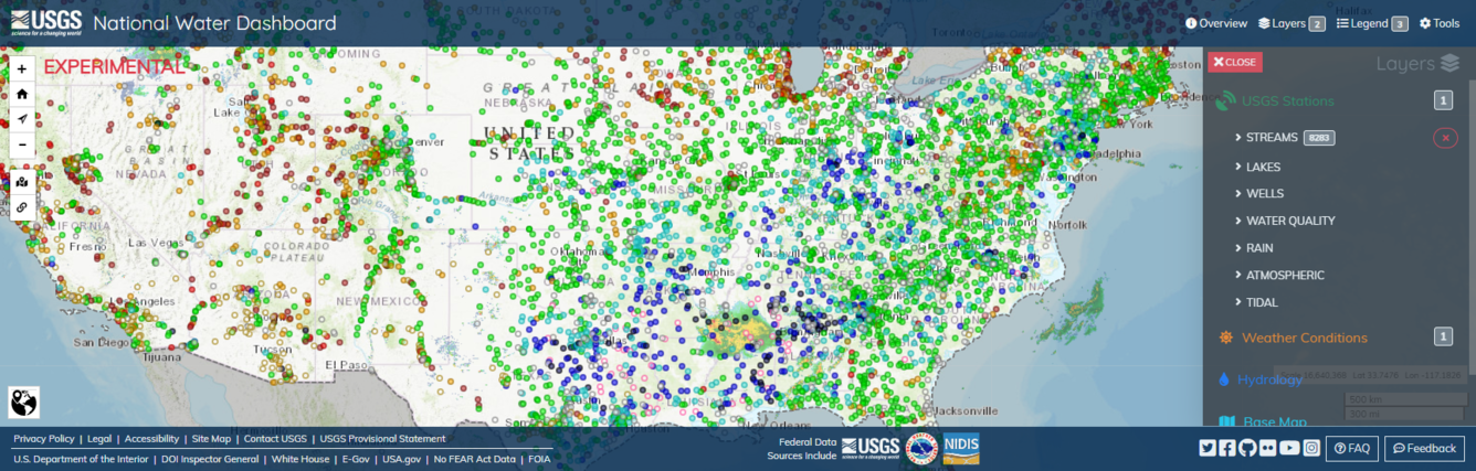 Screenshot of the National Water Dashboard with stream locations and weather radar