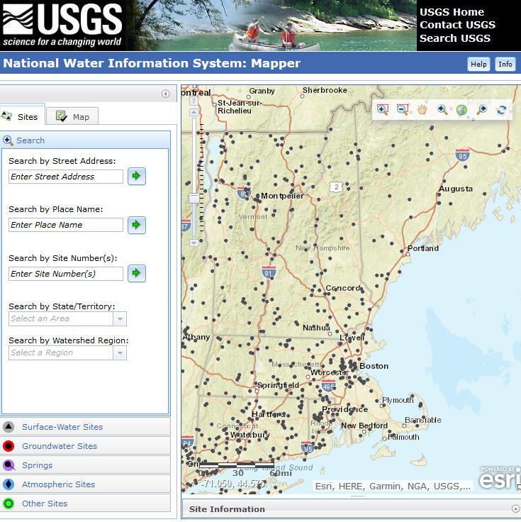 Screenshot showing the New England area in NWIS Mapper