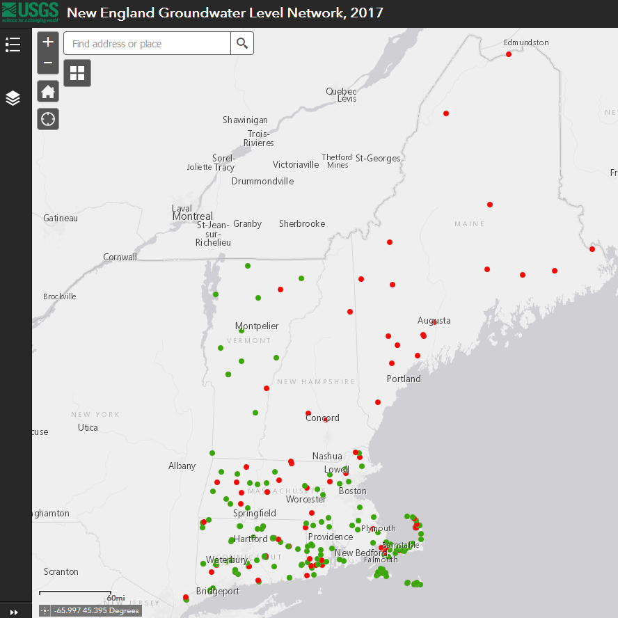 Wells in the New England groundwater level network dataset, 2017, web application