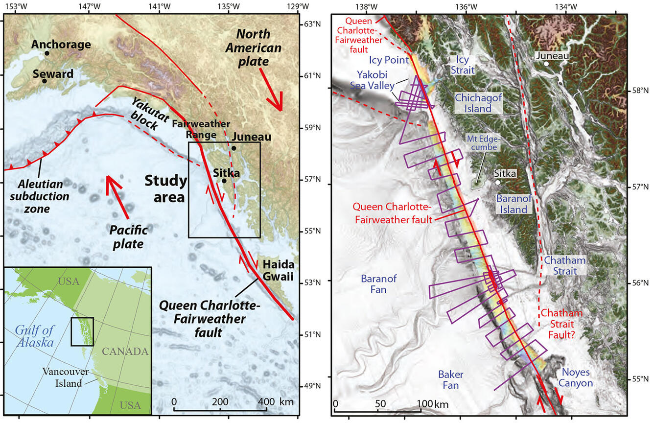 Map and insets show the study area in the Gulf of Alaska; with colored, labeled data collection areas and purple ships's track