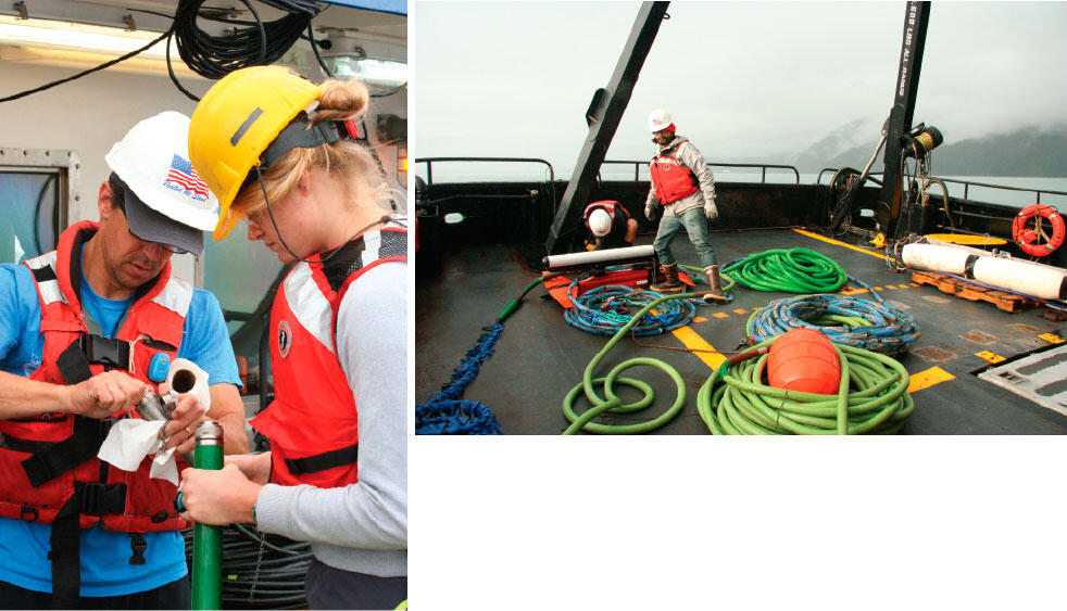 Left: close shot of scientists on the ship's deck preparing equipment; right: scientists connect cables to equipment on deck