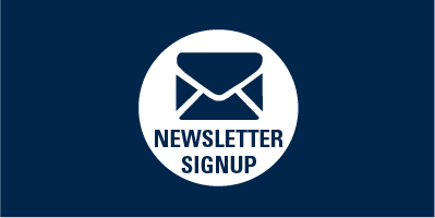 White circle with blue envelope and text stating "newsletter signup"
