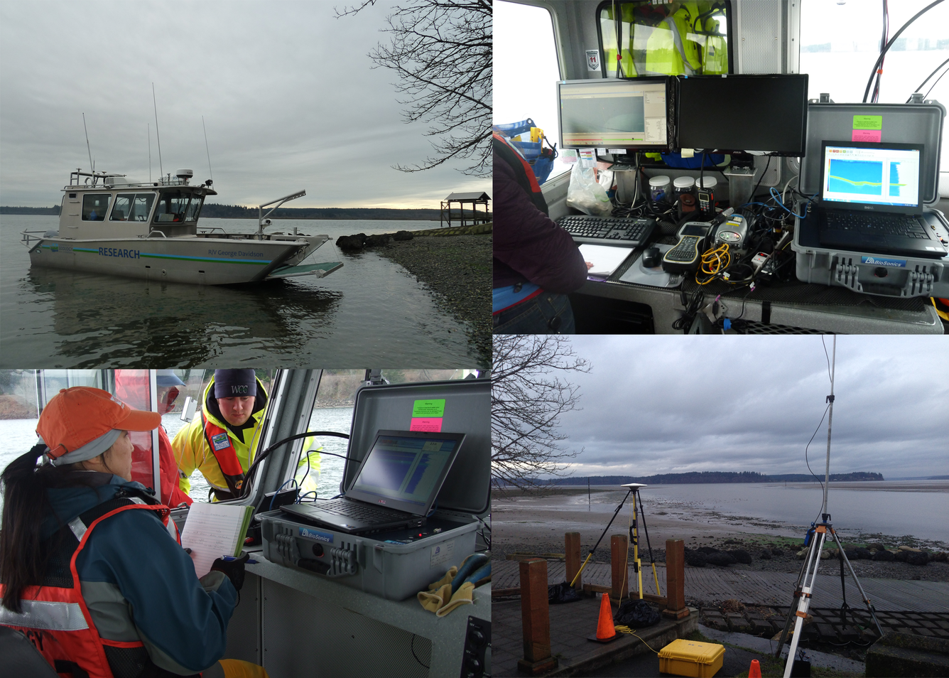 Four photos of field equipment like a survey boat, computers on the boat, and global positioning system on beach with antennas.