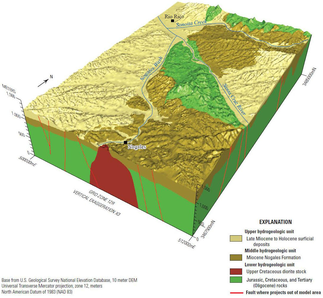 3D hydrogeologic model of the Rio Rico and Nogales 7.5’ Quadrangles, upper Santa Cruz Basin, Arizona