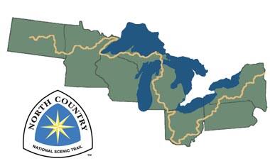 map illustration showing the North Country National Scenic Trail through various northern U.S. States.