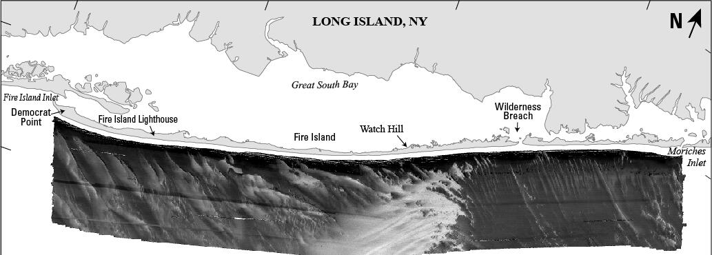 Figure of Fire Island, NY shoreline with backscatter data offshore of Fire Island, NY showing differing bottom environments