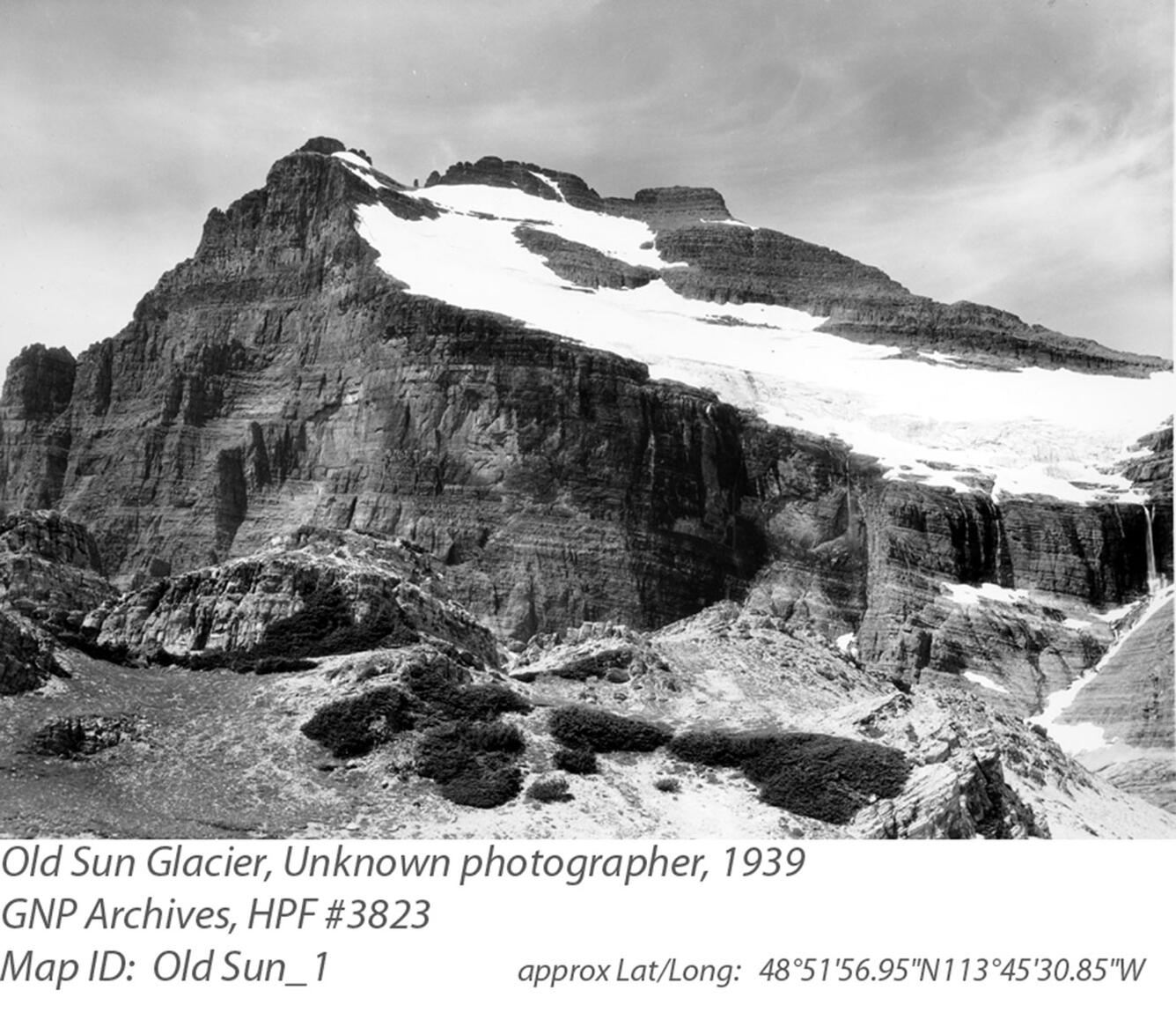 Old Sun Glacier in Glacier National Park, circa 1939.  Image 1 of 3.