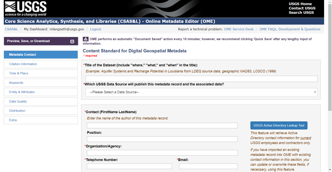 Screenshot of the USGS Online Metadata Editor